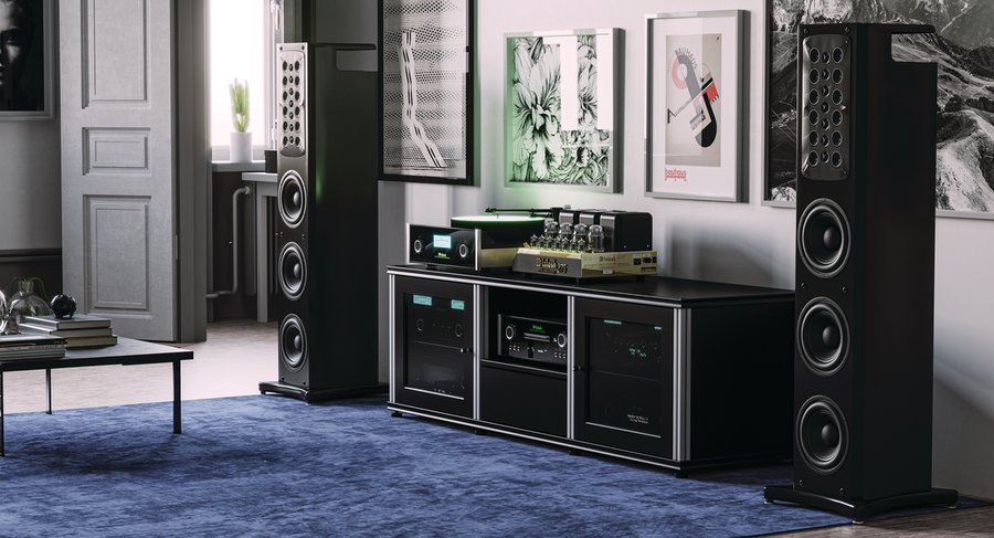 A comprehensive home audio setup with speakers and amplifiers from McIntosh.