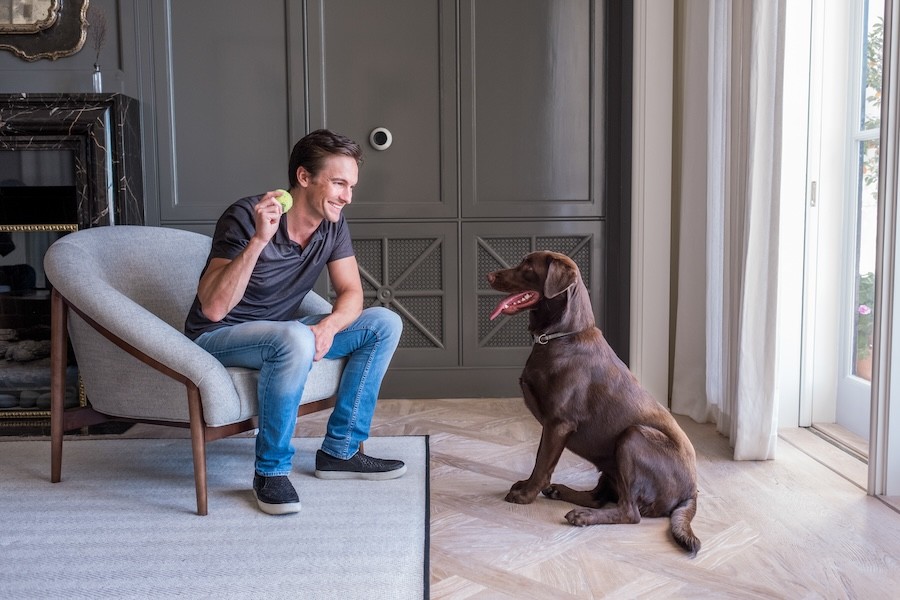 A man sits in a chair holding a tennis ball while a dog looks excitedly at it. A Josh Micro device is in the background.