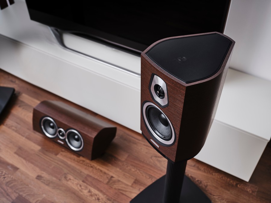 Sonetto speakers by Sonus faber in a home media room setting.