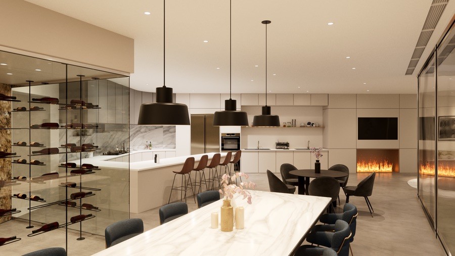 DMF Lighting fixtures, recessed and pendants, in a high-end dining space.