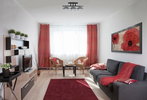 A living room with a window with red curtains and lots of natural light streaming in. 
