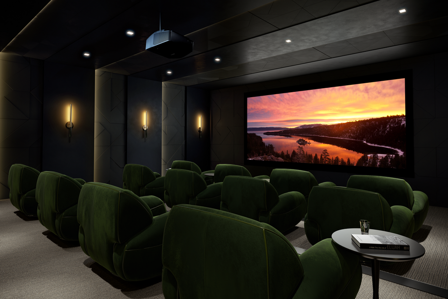 A luxury home theater with a Sony projector.