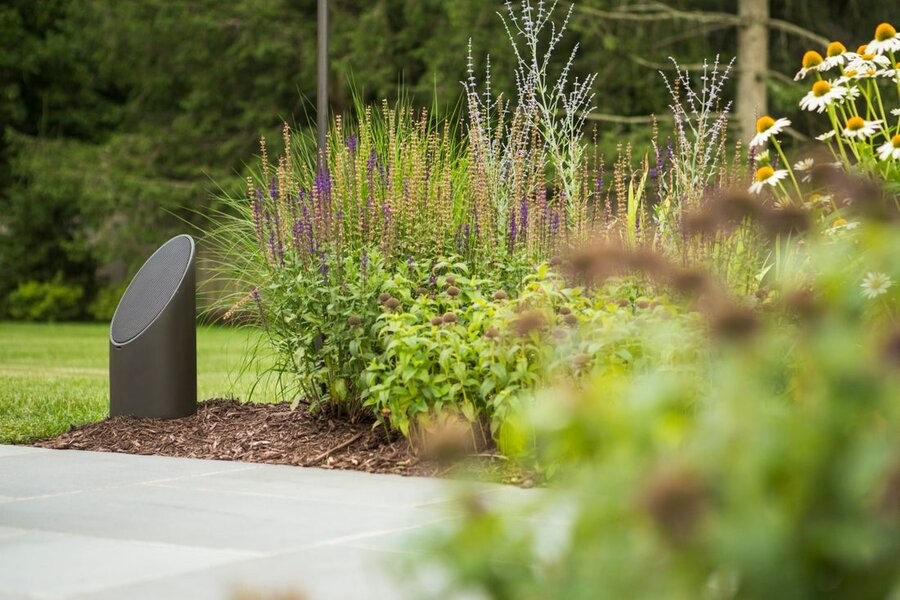 A standing Coastal Source speaker among backyard foliage near a sideway pathway.