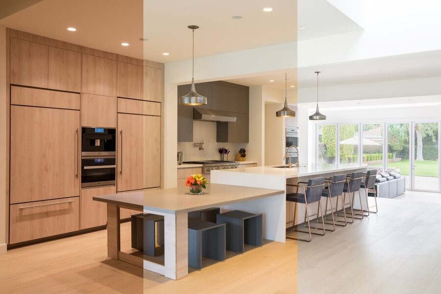 A kitchen space showing three human-centric lighting scenes.