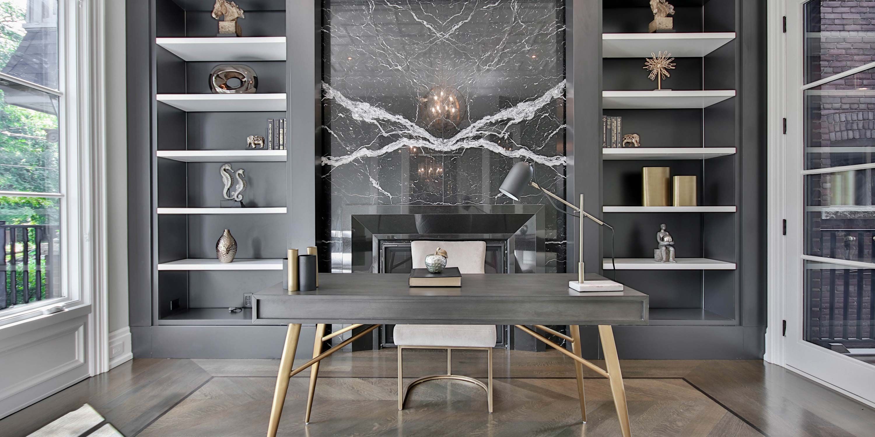 grey office with marble background and gold accents